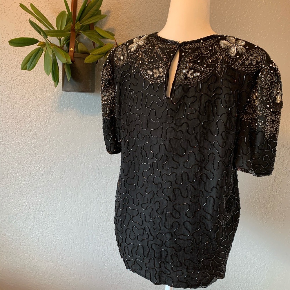 Beaded Top 100% Silk Black Made in India L - Picture 3 of 8